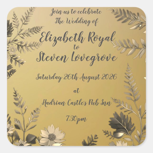 Sticker Carré Mariage Design Floral Clair & Simple Or (Devant)