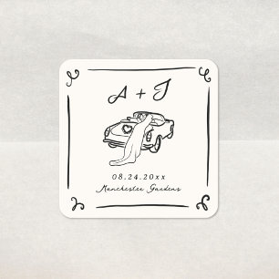 Sticker Carré Mariage Dessiné à la Main de Manière Fantaisiste