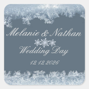 Sticker Carré Mariage d'hiver bleu givré personnalisé