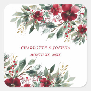 Sticker Carré Mariage d'hiver de Noël Rouge Houx et Verdure