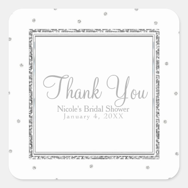 Sticker Carré Mariage d'Hiver Glam Points Argent et Blanc Soirée (Devant)