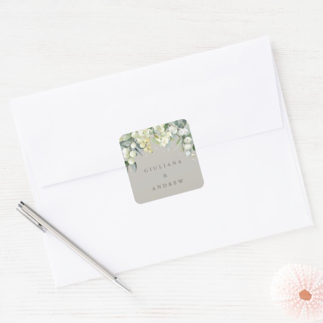 Sticker Carré Mariage d'hiver Greige Snowberry+Eucalyptus (Enveloppe)