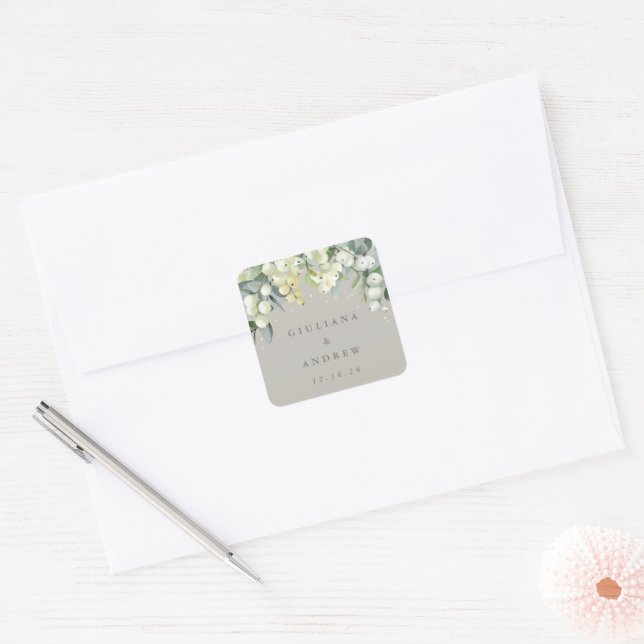Sticker Carré Mariage d'hiver Greige Snowberry+Eucalyptus (Enveloppe)