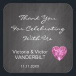 Sticker Carré Mariage Diamond Merci Chalkboard personnalisé<br><div class="desc">Joli autocollants/étiquettes mariage ou anniversaire. Tableau de bord avec coeur en diamant faux rose. "Merci de célébrer avec nous". Peut être modifié comme vous le souhaitez. Trouvé dans "Mariage STICKERS & collection de ÉTIQUETTES.</div>