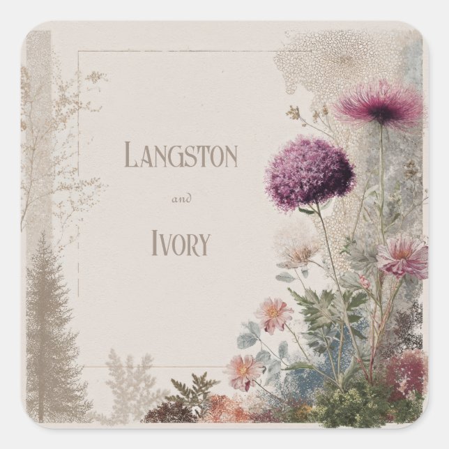 Sticker Carré Mariage du Fleur sauvage d'art populaire botanique (Devant)