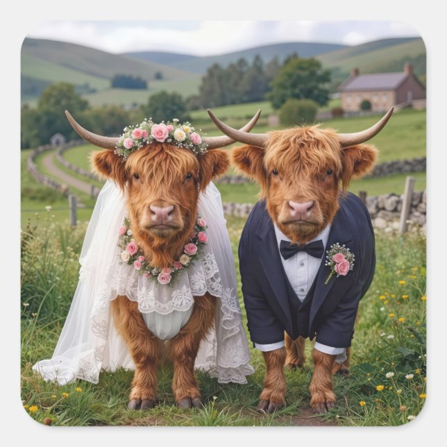 Sticker Carré Mariage Écossais Vaches des Highlands (Devant)
