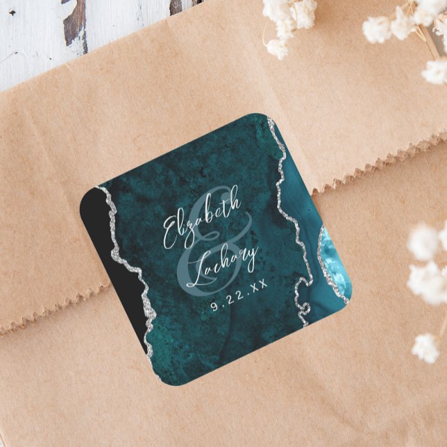 Sticker Carré Mariage écriture Agate Bleu sarcelle Argent (Créateur téléchargé)