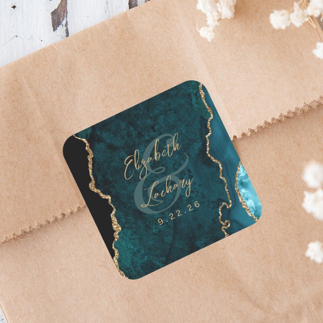 Sticker Carré Mariage écriture Agate Bleu sarcelle Or (Créateur téléchargé)
