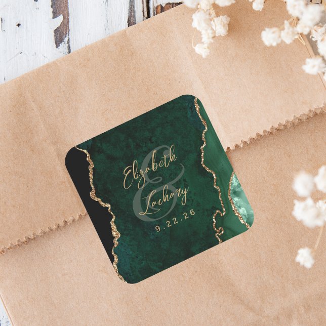 Sticker Carré Mariage écriture Agate Vert Emeraude Or (Créateur téléchargé)