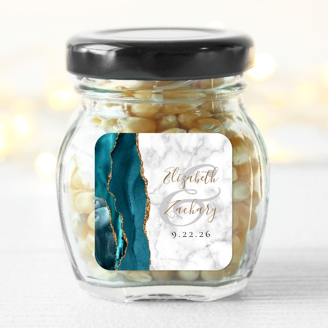 Sticker Carré Mariage écriture dorée bleu sarcelle Marbre Agate (Créateur téléchargé)