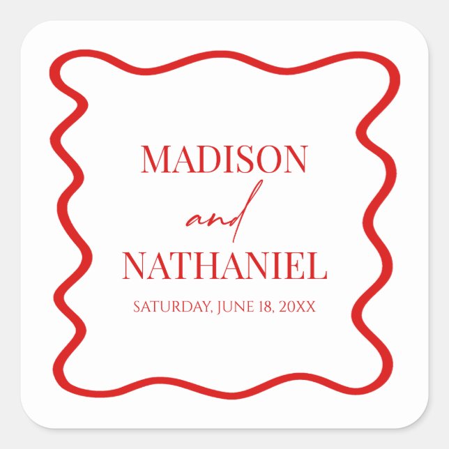 Sticker Carré Mariage Élégant à Bordure Ondulée Rouge et Blanc (Devant)