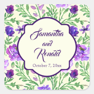 Sticker Carré Mariage élégant aquarelle florale violet et vert