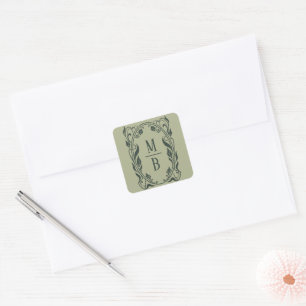 Sticker Carré Mariage élégant Art Nouveau vert foncé et sauge