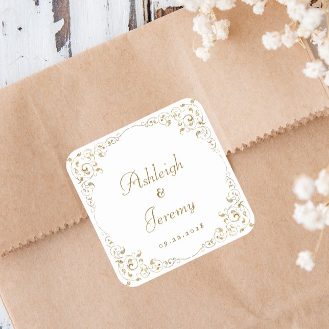 Sticker Carré Mariage Élégant avec Feuillage en Script Doré (Créateur téléchargé)