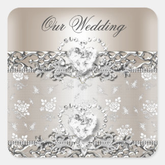 Sticker Carré Mariage élégant Crème d'argent Diamond Heart Invit