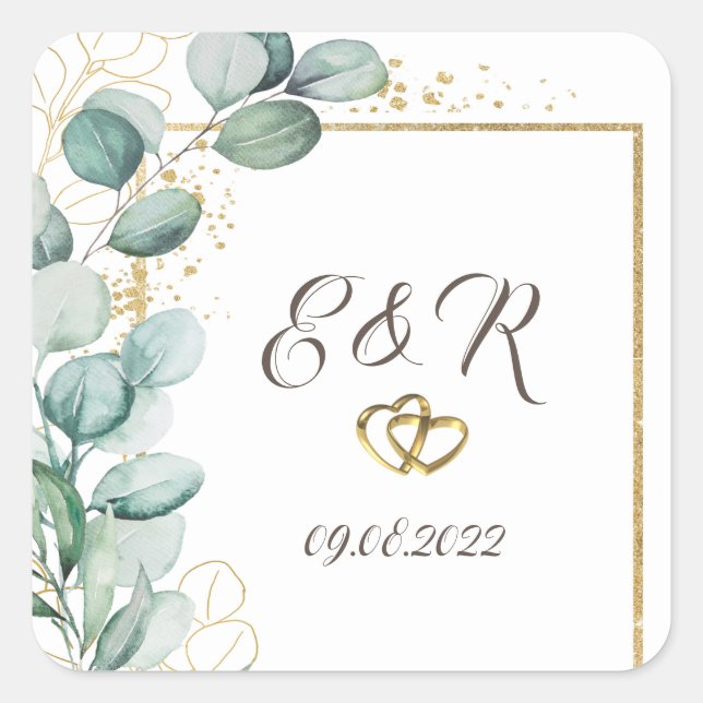 Sticker Carré Mariage élégant eucalyptus verdure cadre or (Devant)