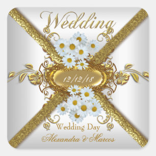 Sticker Carré Mariage Élégant Fleurs de Marguerite Blanches Or
