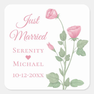 Sticker Carré Mariage Élégant Floral Fleurs Roses Just Married M