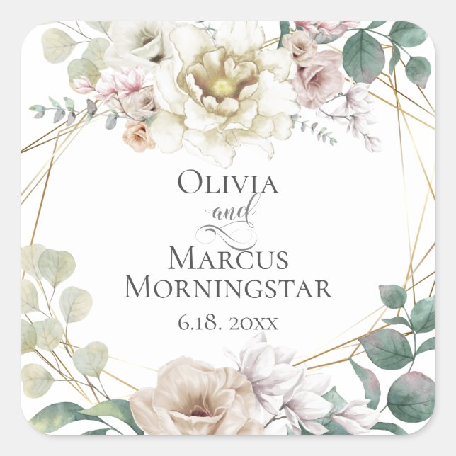 Sticker Carré Mariage Élégant ivoire Blush Magnolias Peonies (Devant)