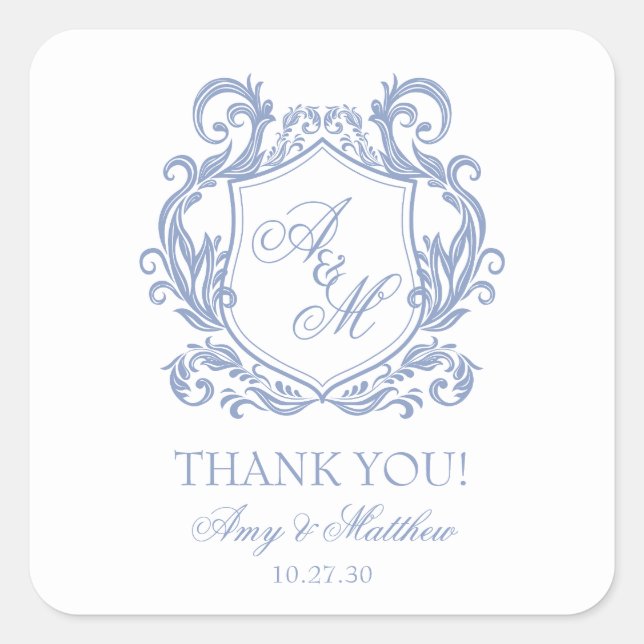 Sticker Carré Mariage Élégant Monogramme Bleu Poussiéreux Blason (Devant)