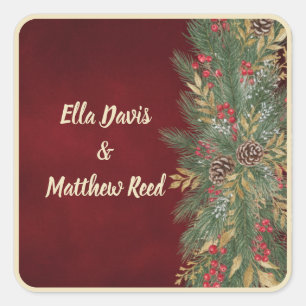 Sticker Carré Mariage Élégant Rouge Velours Noël Evergreen