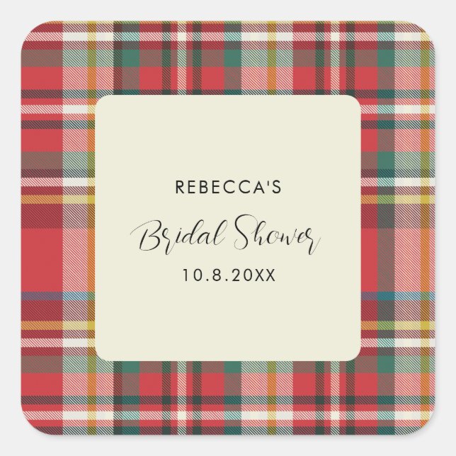 Sticker Carré Mariage Élégant Rustique Plaid Shower de Mariée (Devant)
