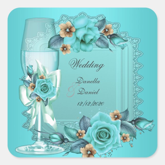 Sticker Carré Mariage élégant Turquoise Bleu Beige Rose Fleurs (Devant)