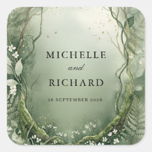 Sticker Carré Mariage en forêt enchantée aquarelle