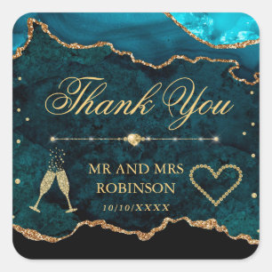 Sticker Carré Mariage en marbre d'agate scintillant sarcelle et 