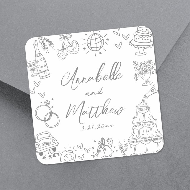Sticker Carré Mariage Fantaisiste Gris Dessiné à la Main de Mani (Quirky Hand Drawn Gray Whimsical Wedding Square Sticker)