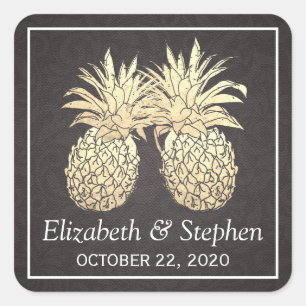 Sticker Carré Mariage Favoriser Vintage Gold Foil Ananas Couple