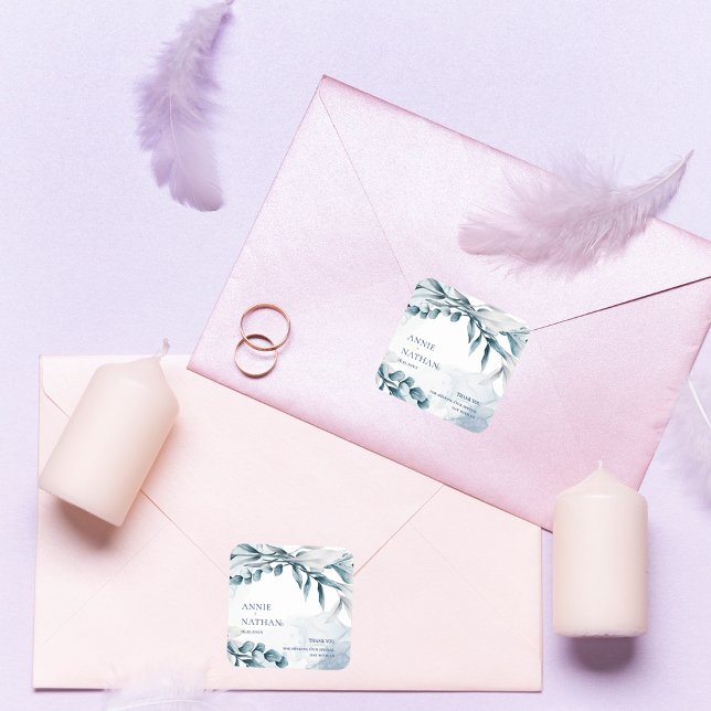 Sticker Carré Mariage Feuille Dusty Blue Eucalyptus Merci (Eucalyptus Leaves Dusty Blue Wedding Thank You Square Sticker)