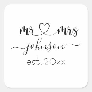 Sticker Carré Mariage Fiançailles Coeur M. Mme Nom personnalisé