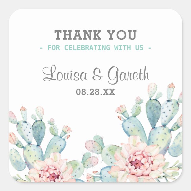 Sticker Carré Mariage Fleur de Cactus Pastel (Devant)