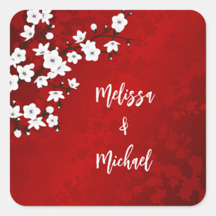 Sticker Carré Mariage Fleur de Cerisier Rouge