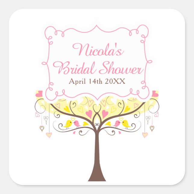 Sticker Carré Mariage Fleur Oiseau Rose Jaune  (Devant)