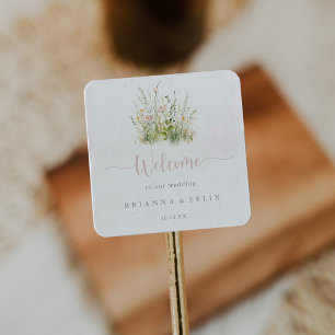 Sticker Carré Mariage Fleur sauvage Boho vert Bienvenue