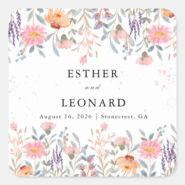 Sticker Carré Mariage Fleur sauvage de printemps coloré (Devant)