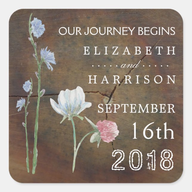 Sticker Carré Mariage fleur sauvage en chêne bois Favoriser (Devant)