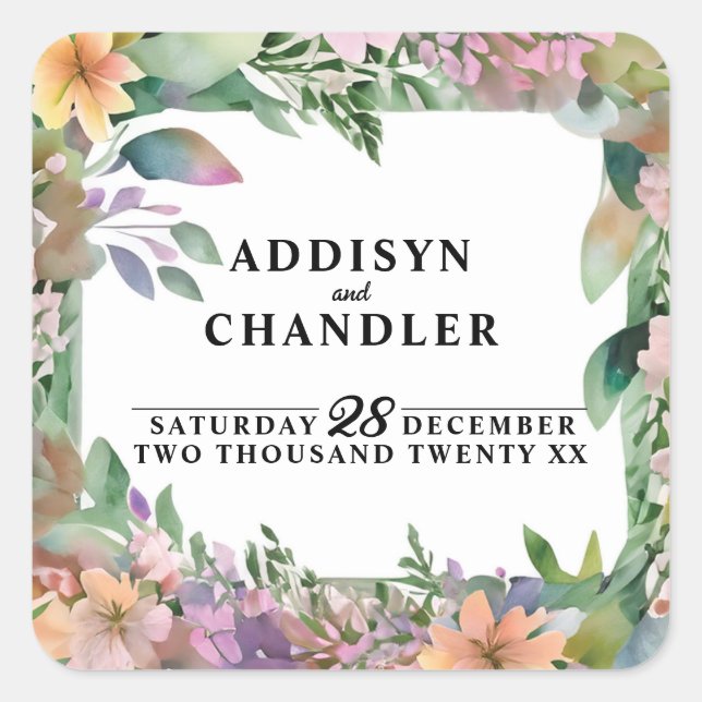 Sticker Carré Mariage Fleur sauvage Whimsical Pastel Watercolor (Devant)
