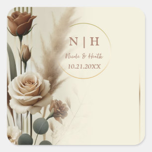 Sticker Carré Mariage Fleuris Géométriques Neutres Crème et Moch