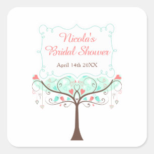 Sticker Carré Mariage Fleuris Oiseaux Menthe et Corail