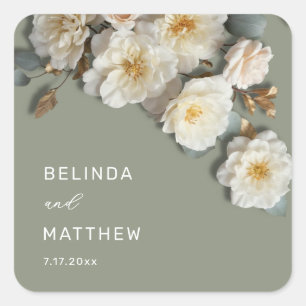 Sticker Carré Mariage Fleurs 3D Roses Blanc Ivoire