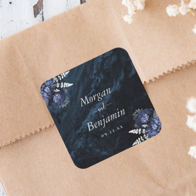 Sticker Carré Mariage Fleurs Argentées Bleu Nuit (Créateur téléchargé)