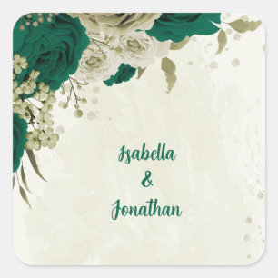 Sticker Carré mariage fleurs beige vert émeraude