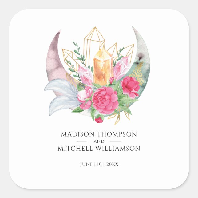 Sticker Carré Mariage Fleurs Roses Cristaux Lune Boho  (Devant)