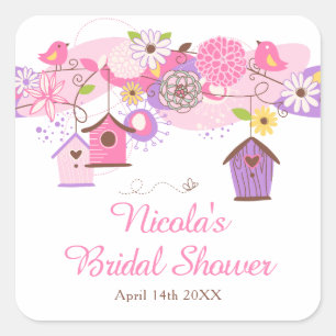 Sticker Carré Mariage Fleurs Roses et Violettes Cages à Oiseaux