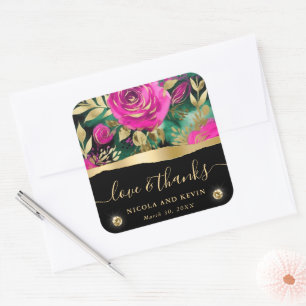 Sticker Carré Mariage Fleurs Violet et Sarcelle Aquarelle