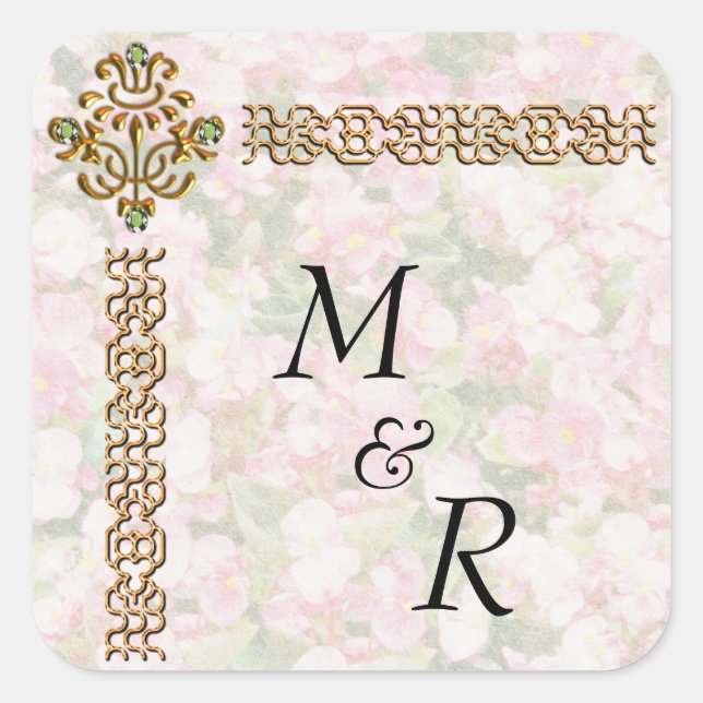 Sticker Carré Mariage Floral à bijoux d'or Monogrammé (Devant)