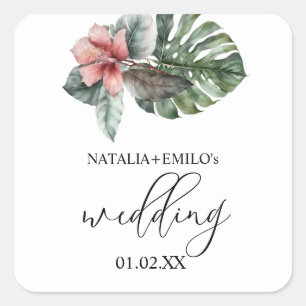 Sticker Carré Mariage floral à la feuille de Monstera aquarelle